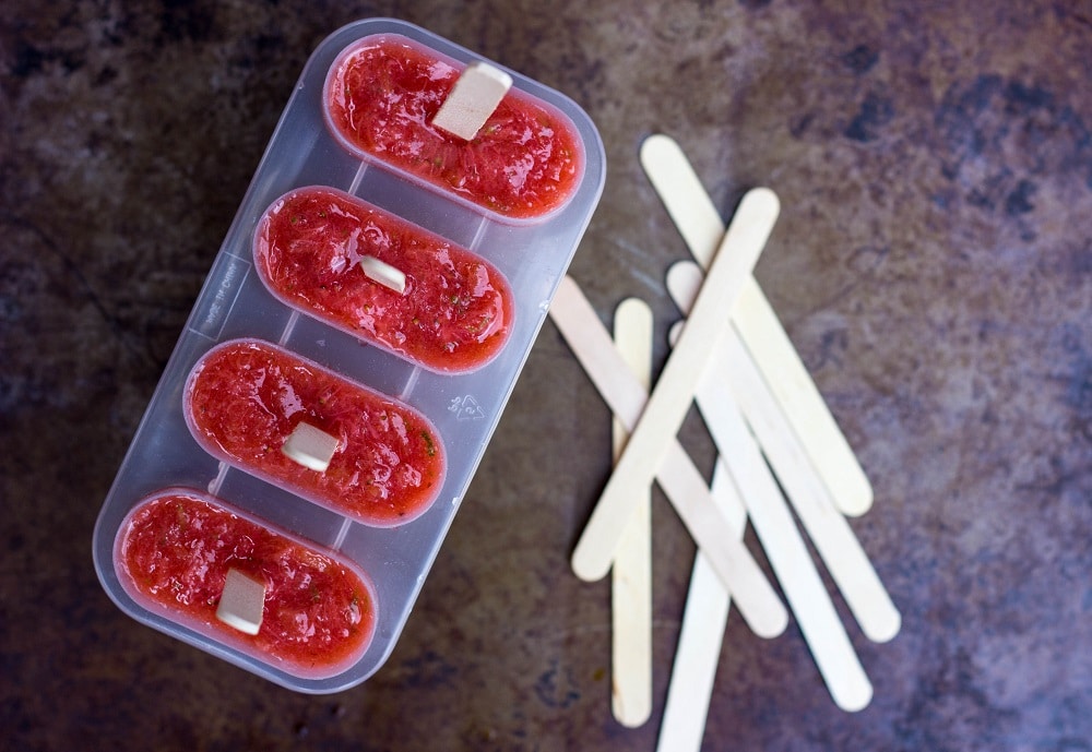 Strawberry Rhubarb & Lime Popsicles in the popsicle mold