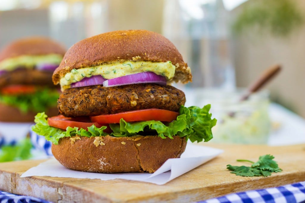 Smokey Sweet Potato, Black Bean & Brown Rice Veggie Burgers with Curry Cilantro Mayo-9982