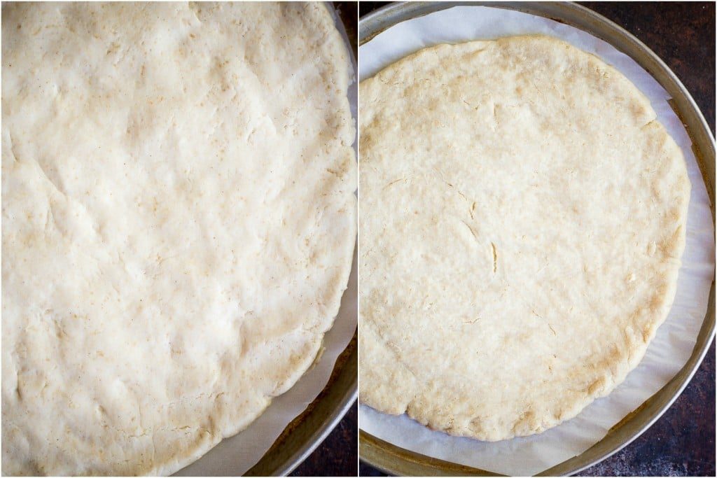 gluten free pizza crust before and after it's been baked