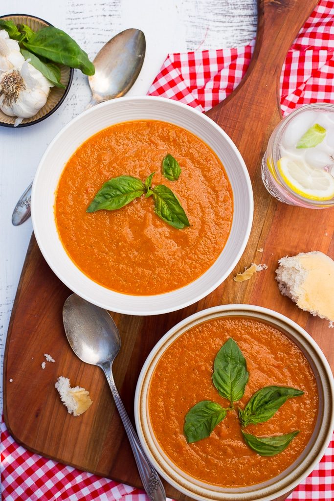 Chilled Cherry Tomato Soup!  All your favorite summer flavors in one bowl!  This chilled soup is the perfect way to keep cool this summer!