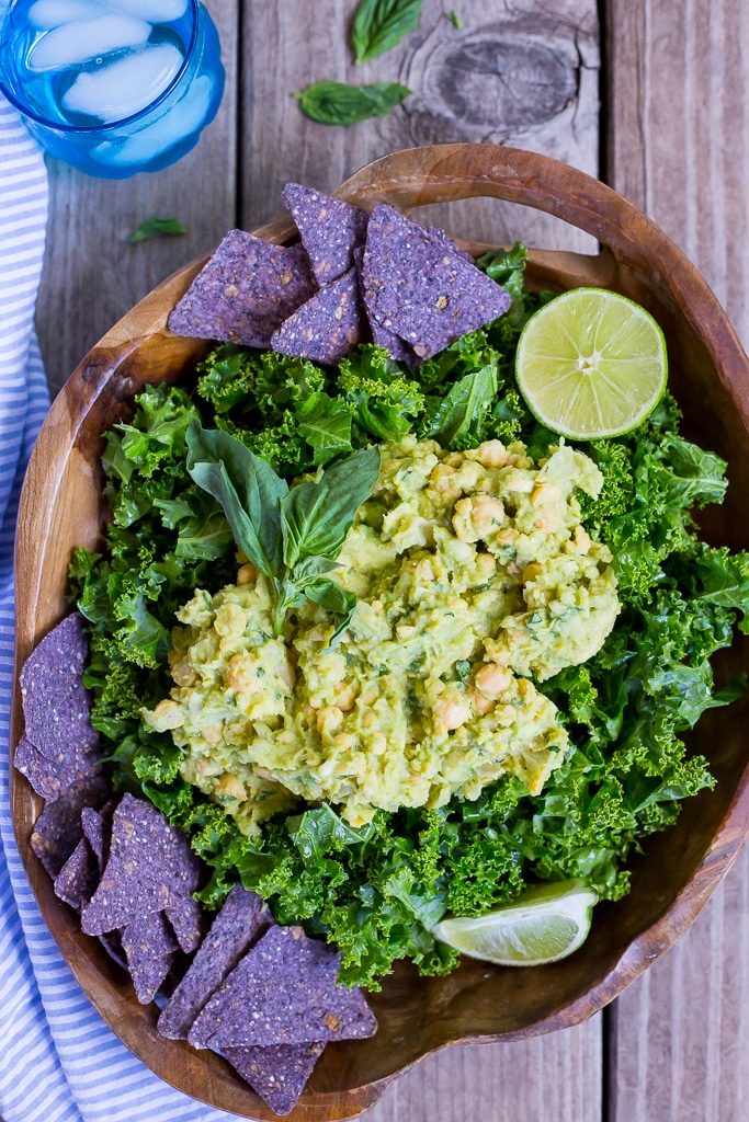 Chopped Kale Salad with Smashed Chickpeas & Avocado.  This salad requires no cooking and is the perfect alternative to the usual taco salad! {gluten free, vegan}