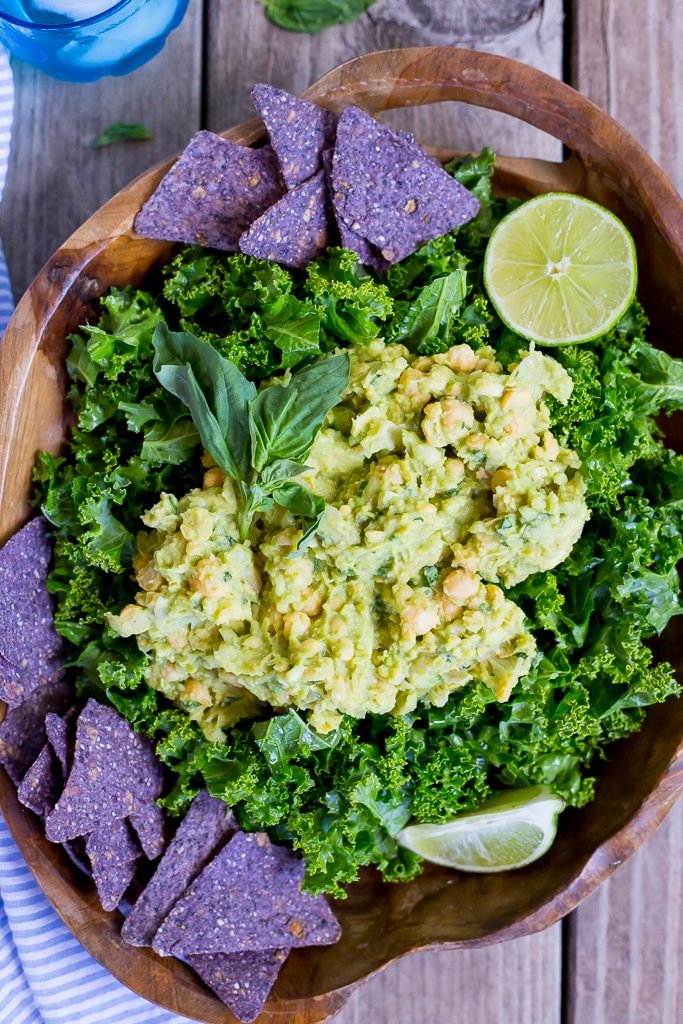 Chopped Kale Salad with Smashed Chickpeas & Avocado.  This salad requires no cooking and is the perfect alternative to the usual taco salad! {gluten free, vegan}
