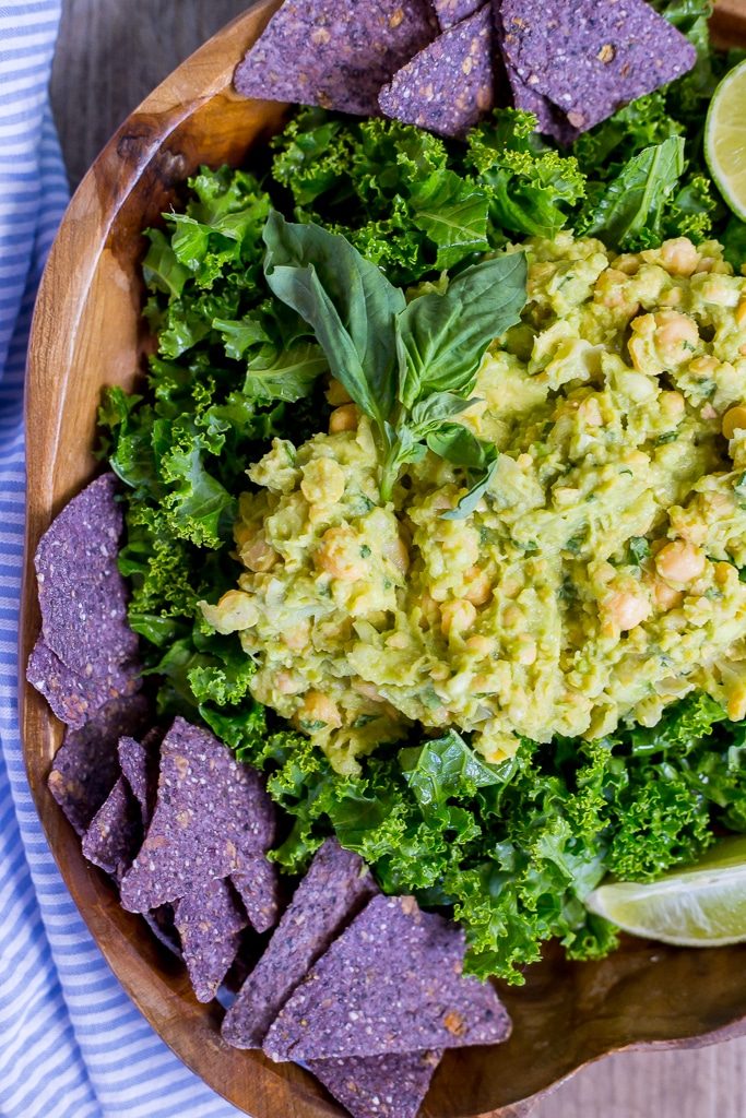 Chopped Kale Salad with Smashed Chickpeas & Avocado.  This salad requires no cooking and is the perfect alternative to the usual taco salad! {gluten free, vegan}