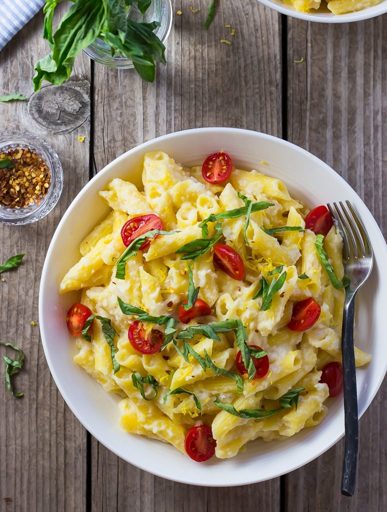 Creamy Corn Penne with Basil & Cherry Tomatoes {vegan}-0846