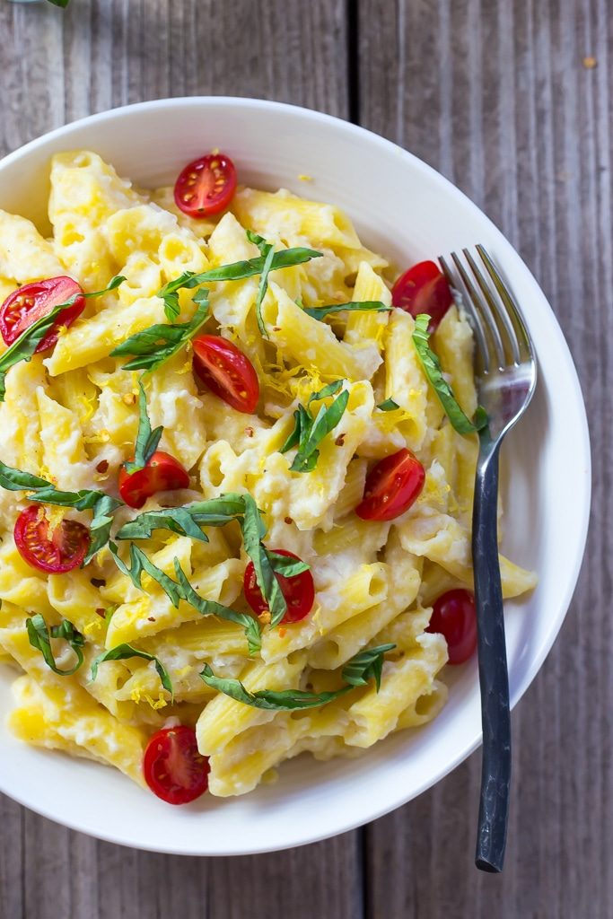 Creamy Corn Penne with Basil & Cherry Tomatoes {vegan}-0861