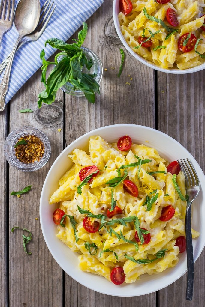 Creamy Corn Penne with Basil & Cherry Tomatoes {vegan}-0871