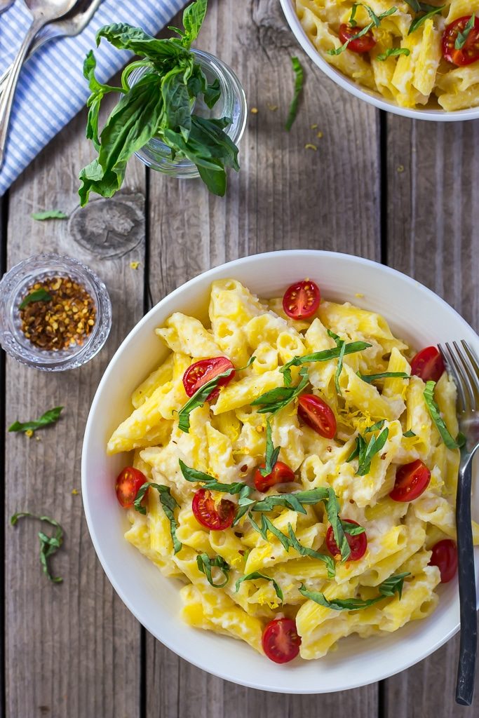 Creamy Corn Penne with Basil & Cherry Tomatoes {vegan}-0877