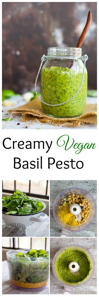 Creamy Vegan Basil Pesto - Pesto is the perfect way to use up the rest of your summer basil crop before it is too late!  This pesto goes perfectly with pasta, pizza, sandwiches and much more!
