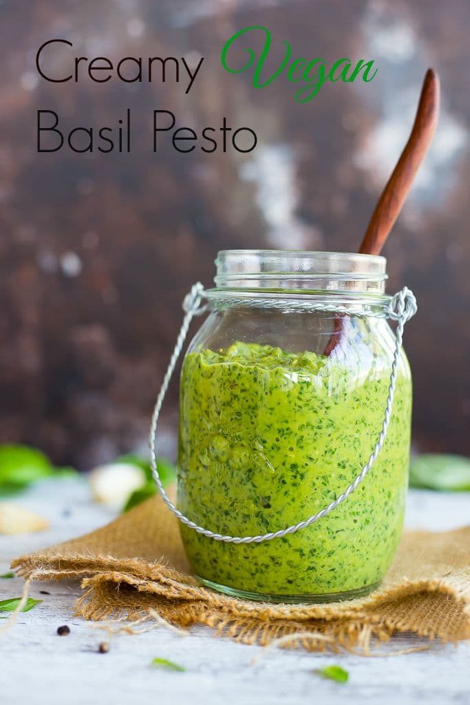 Creamy Vegan Basil Pesto - Pesto is the perfect way to use up the rest of your summer basil crop before it is too late!  This pesto goes perfectly with pasta, pizza, sandwiches and much more!