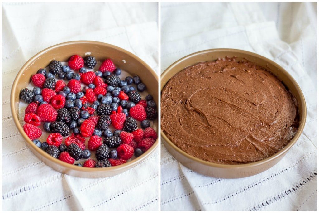 This Gluten Free Mixed Berry Upside Down Chocolate Cake is the perfect combination of chocolate and berries in each bite!