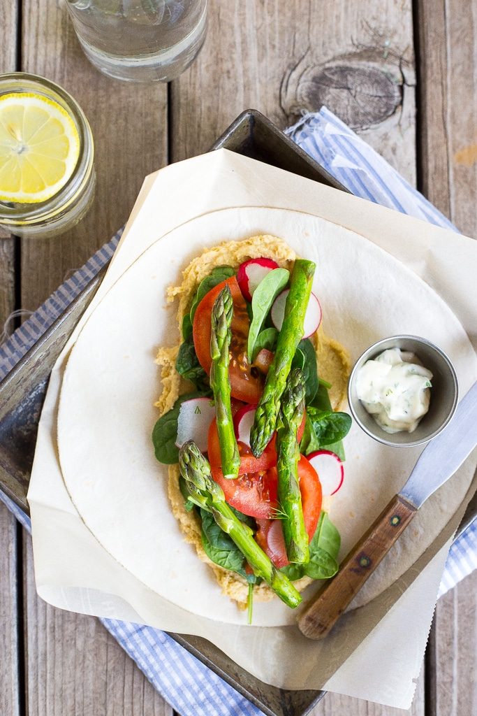 These Hummus Wraps with Spring Vegetables & Herbed Mayo are fresh, light and delicious! They make for a great lunch or dinner! {gluten free, vegan}