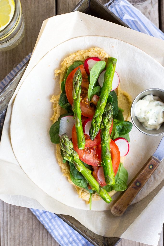 These Hummus Wraps with Spring Vegetables & Herbed Mayo are fresh, light and delicious! They make for a great lunch or dinner! {gluten free, vegan}