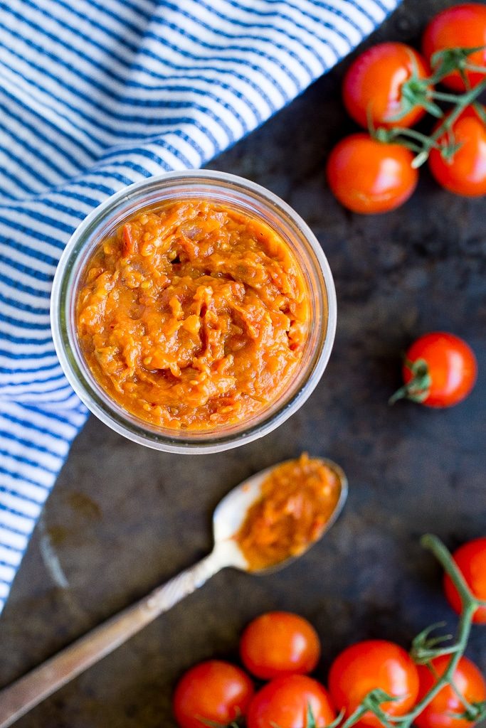 This Easy Cherry Tomato Jam is the perfect condiment for the summer! Add it to anything from toast to pizza! {gluten free, vegan}