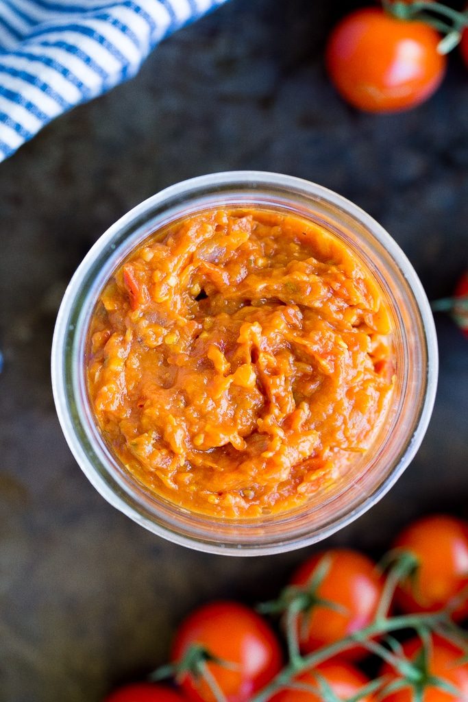 This Easy Cherry Tomato Jam is the perfect condiment for the summer! Add it to anything from toast to pizza! {gluten free, vegan}