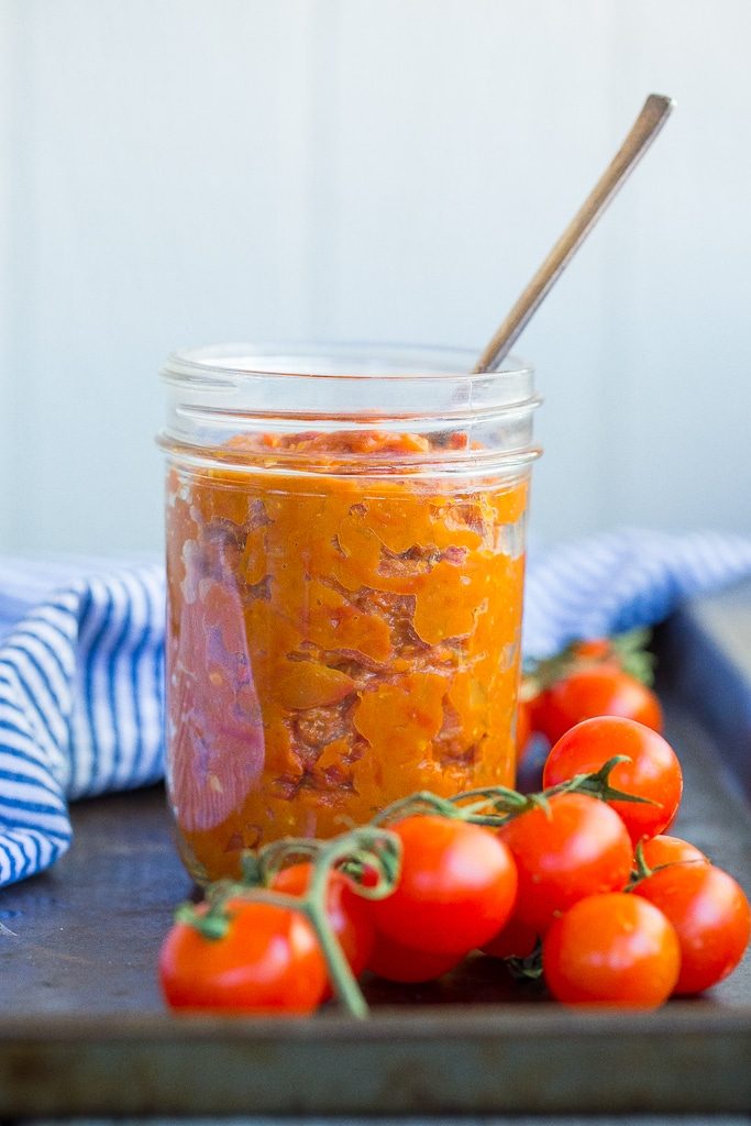 This Easy Cherry Tomato Jam is the perfect condiment for the summer! Add it to anything from toast to pizza! {gluten free, vegan}