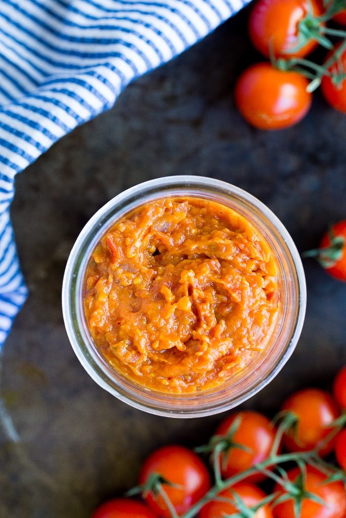 This Easy Cherry Tomato Jam is the perfect condiment for the summer! Add it to anything from toast to pizza! {gluten free, vegan}