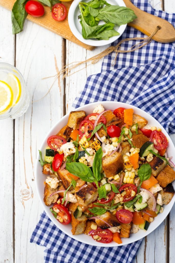 Grilled Corn Summer Panzanella Salad! You will get a delicious taste of summer in every bite! This is the perfect side dish for a BBQ or light lunch!