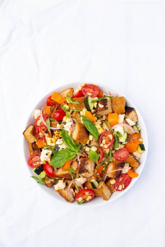 Grilled Corn Summer Panzanella Salad! You will get a delicious taste of summer in every bite! This is the perfect side dish for a BBQ or light lunch!
