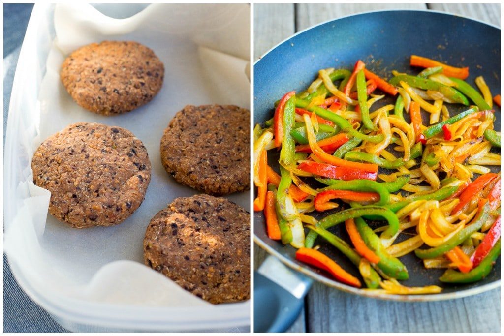 Jazz up your veggie burgers by making these Black Bean Fajita Veggie Burgers! Topped with fajita peppers and onions, pepperjack cheese and guacamole! {gluten free}