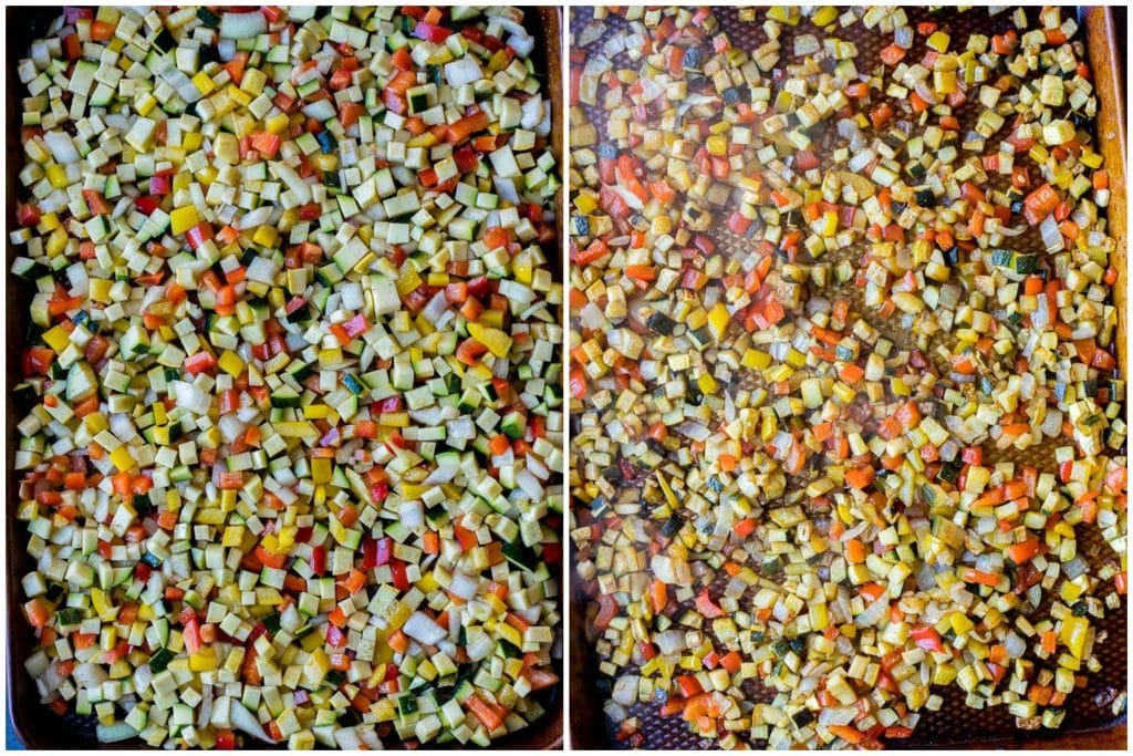 Showing how to make lasagna with before and after photos of the roasted vegetables