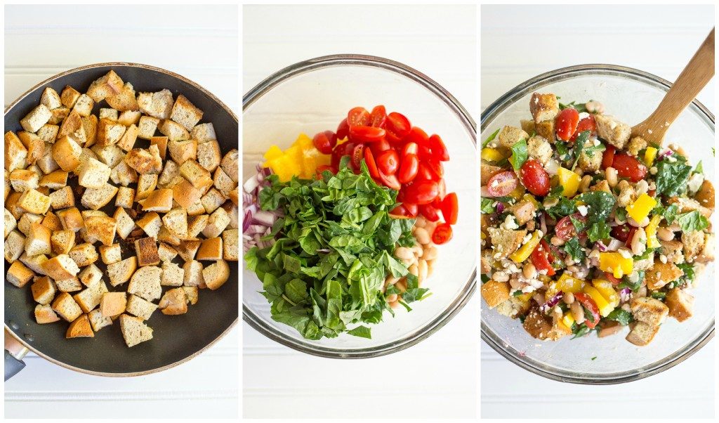 This Spinach and White Bean Panzanella Salad with Basil Vinaigrette is fresh, filling and delicious! It's the perfect meal for lunch that can also be made ahead! {gluten free}