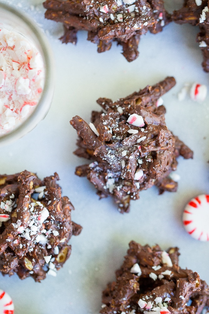 These 3-Ingredient Chocolate & Peppermint Haystacks are the easiest holiday treat to make this season! You can also make them gluten free and vegan!