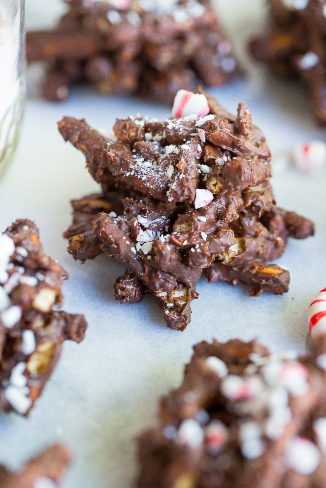 These 3-Ingredient Chocolate & Peppermint Haystacks are the easiest holiday treat to make this season! You can also make them gluten free and vegan!