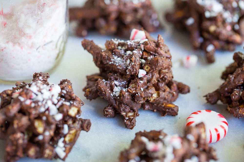 These 3-Ingredient Chocolate & Peppermint Haystacks are the easiest holiday treat to make this season! You can also make them gluten free and vegan!