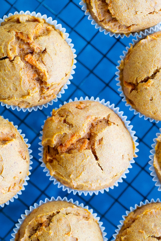 These Healthy Double Carrot Muffins are packed with carrot puree and grated carrots and they're also refined sugar free, dairy free and gluten free! They're perfect for a healthy make ahead breakfast or snack!