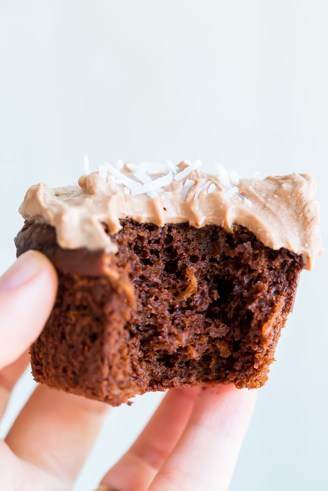 Chocolate Coconut Cupcakes with Chocolate Whipped Cream - A decadent and delicious cupcake that is free of the top 8 allergens! Perfect for a party or dessert! Gluten free and vegan!