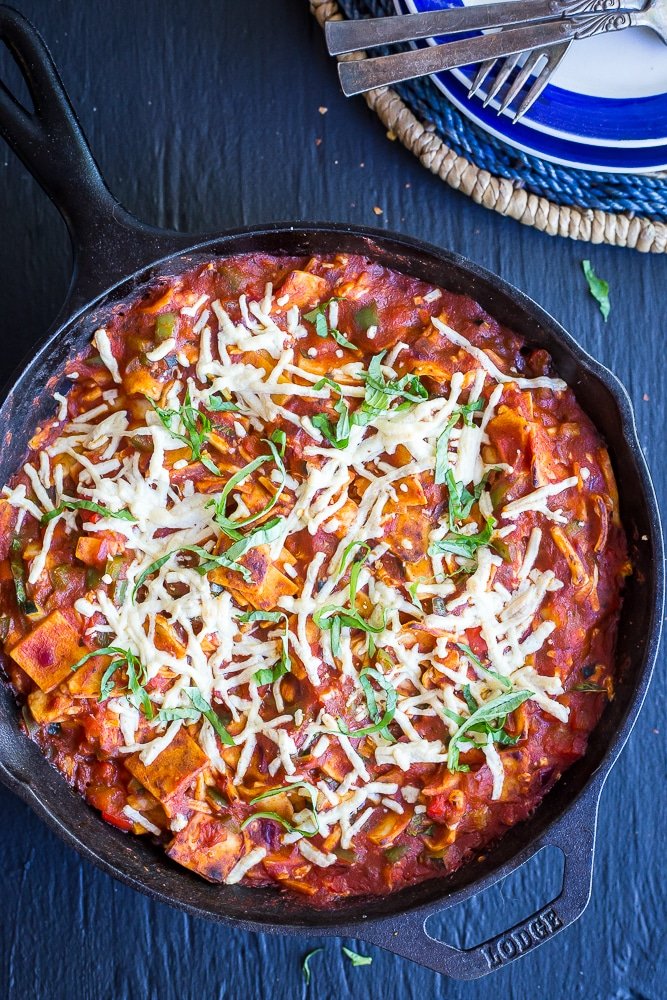 This 30 Minute Pizza Skillet Casserole is so quick and easy to make! You only need one pot and 30 minutes to make this comforting weeknight dinner. Tastes just like pizza and is a great vegetarian dinner option!