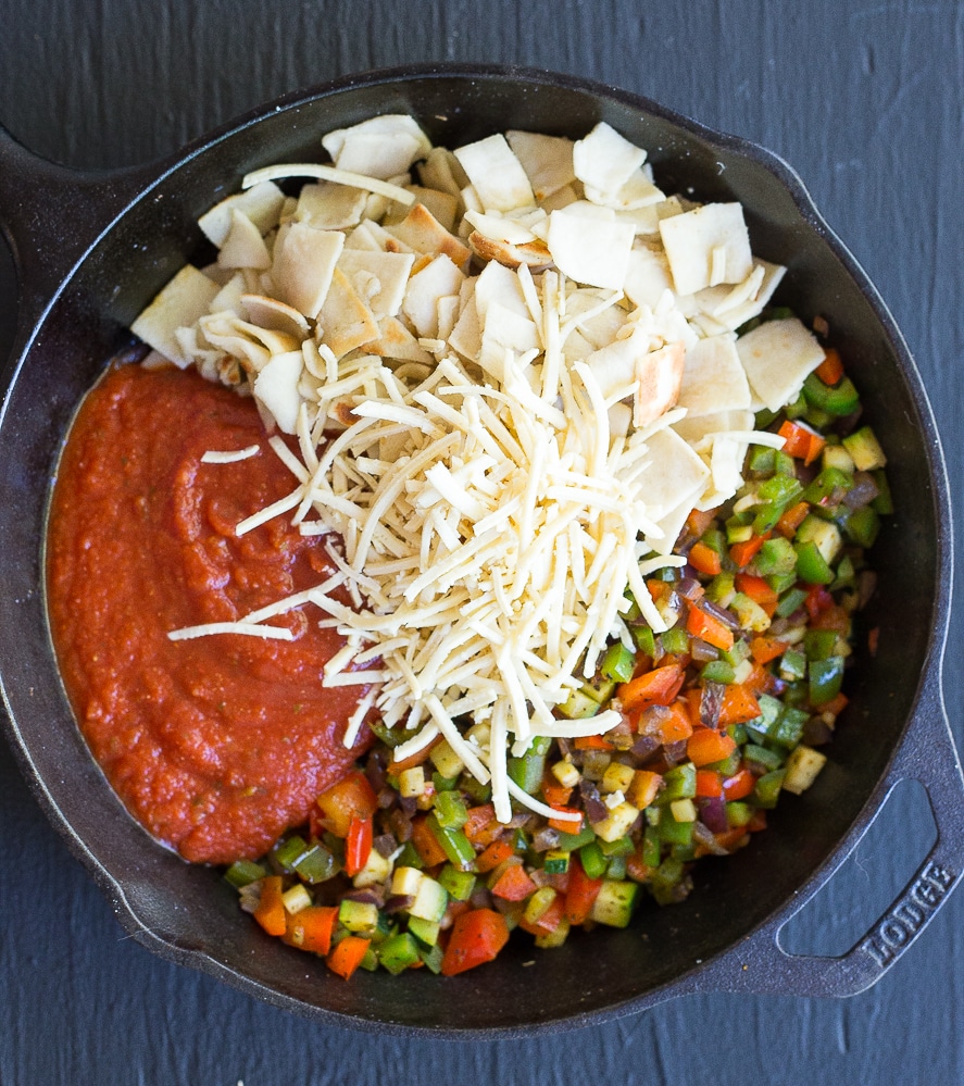 This 30 Minute Pizza Skillet Casserole is so quick and easy to make! You only need one pot and 30 minutes to make this comforting weeknight dinner. Tastes just like pizza and is a great vegetarian dinner option!