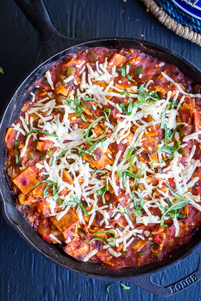 This 30 Minute Pizza Skillet Casserole is so quick and easy to make! You only need one pot and 30 minutes to make this comforting weeknight dinner. Tastes just like pizza and is a great vegetarian dinner option!