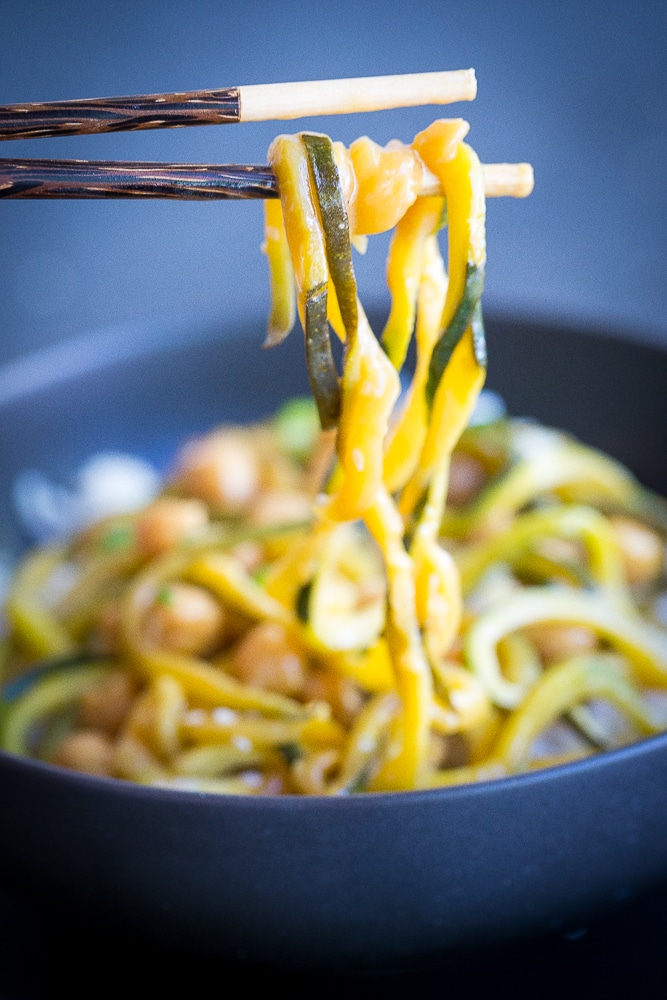  These 30 Minute Orange Ginger Zucchini Noodle Chickpea Bowls are great for a quick and easy vegetarian (and vegan) weeknight dinner! They're also perfect for a healthy make ahead lunch bowl! Gluten free too!