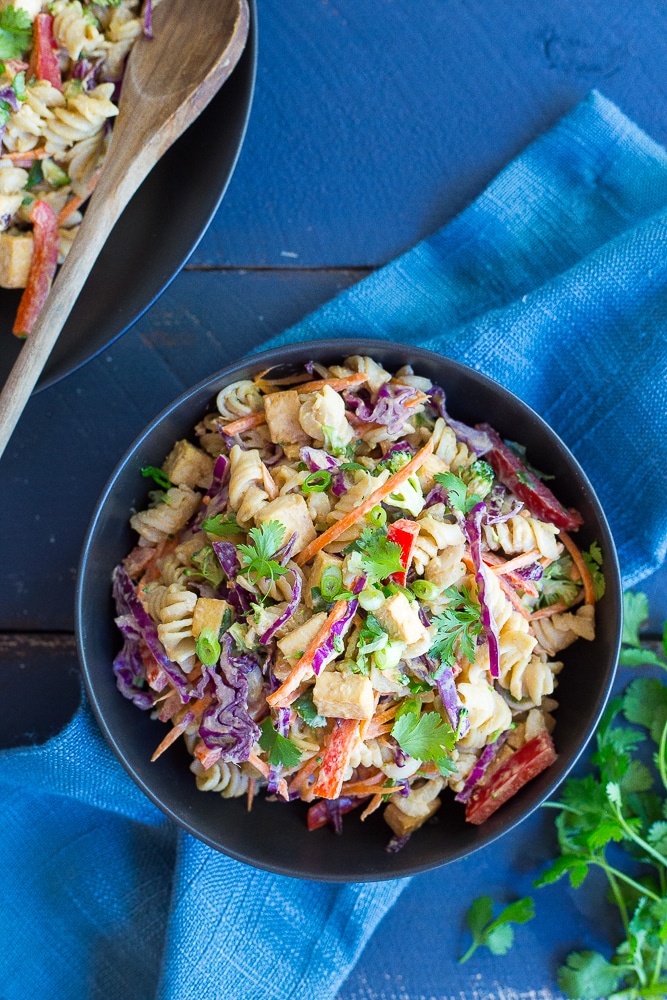 Asian Peanut Pasta Salad with Tofu- A mayo free pasta salad that is packed with flavor and vegetables! It's gluten free and vegan and perfect for your next BBQ or a make ahead lunch! It's also great for a quick and easy vegetarian dinner!