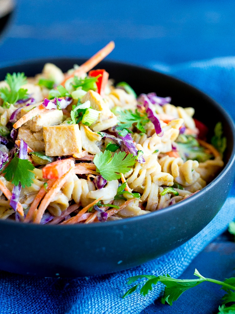 Asian Peanut Pasta Salad with Tofu- A mayo free pasta salad that is packed with flavor and vegetables! It's gluten free and vegan and perfect for your next BBQ or a make ahead lunch! It's also great for a quick and easy vegetarian dinner!