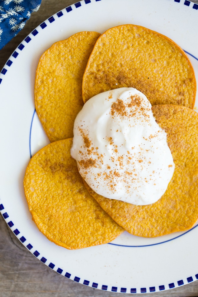 Two Ingredient Sweet Potato Pancakes- So easy to make and great for kids! Gluten free, dairy free, and paleo!