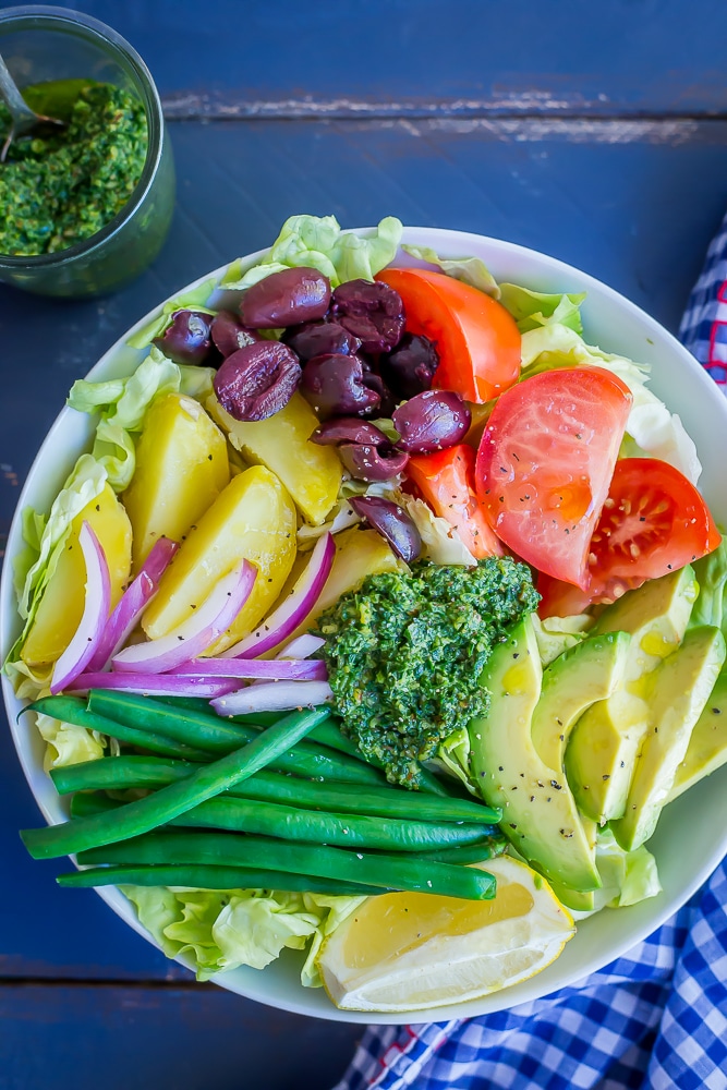 Avocado Nicoise Salad with Pesto - A delicious and refreshing vegan version of the classic nicoise salad! Filled with tons of veggies making it a healthy lunch or side dish. Vegan/Gluten Free/Vegetarian
