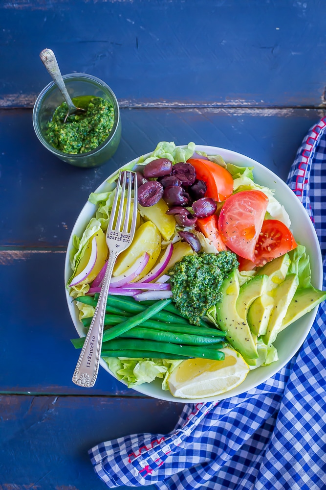 Avocado Nicoise Salad with Pesto - A delicious and refreshing vegan version of the classic nicoise salad! Filled with tons of veggies making it a healthy lunch or side dish. Vegan/Gluten Free/Vegetarian