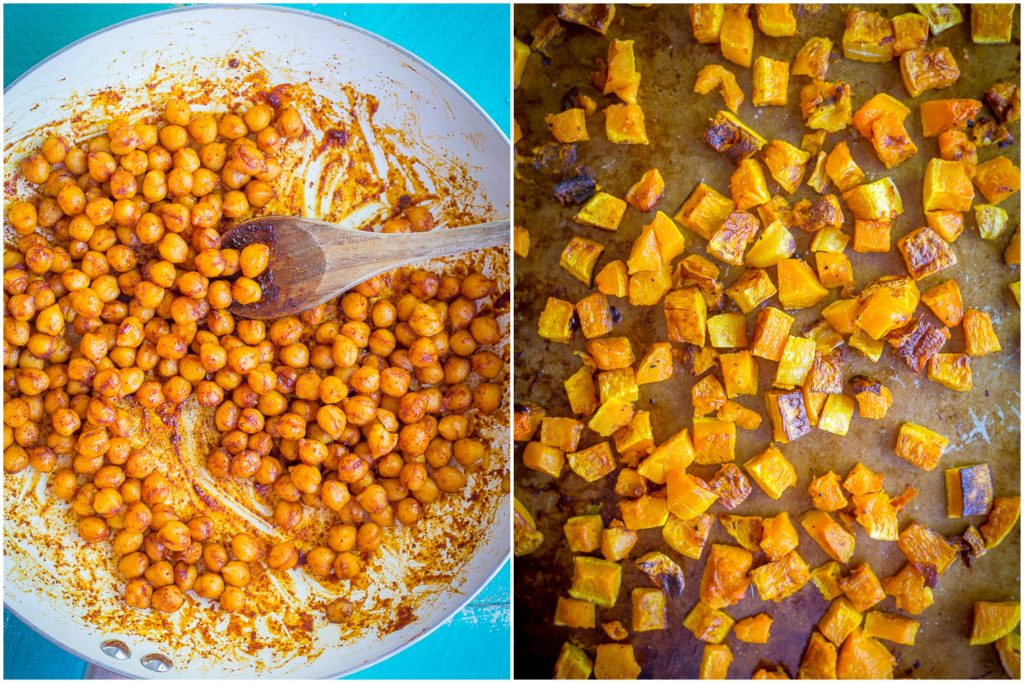 This hearty Roasted Butternut Squash & Sweet Chili Chickpea Salad is great for a lunch or dinner! It's packed with delicious flavors and perfect for fall! Gluten free/Vegan/Vegetarian/Salad