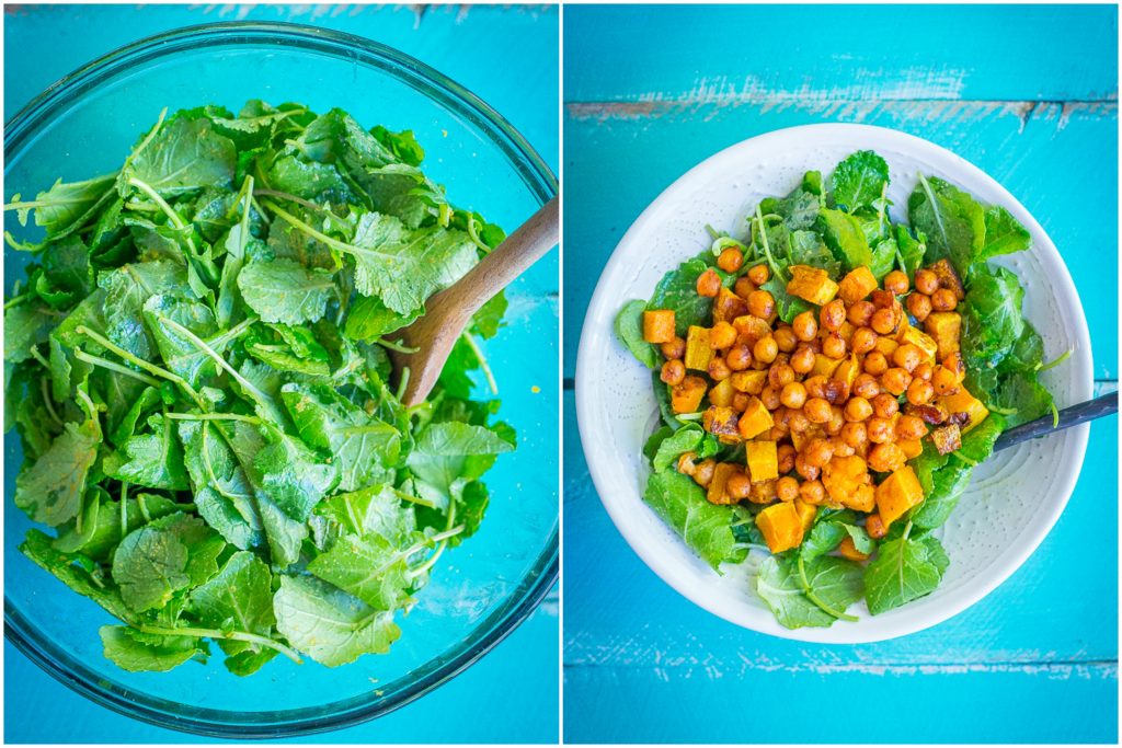 This hearty Roasted Butternut Squash & Sweet Chili Chickpea Salad is great for a lunch or dinner! It's packed with delicious flavors and perfect for fall! Gluten free/Vegan/Vegetarian/Salad