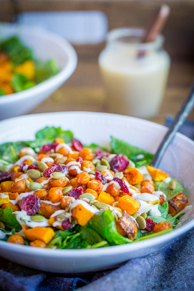 This hearty Roasted Butternut Squash & Sweet Chili Chickpea Salad is great for a lunch or dinner! It's packed with delicious flavors and perfect for fall! Gluten free/Vegan/Vegetarian/Salad