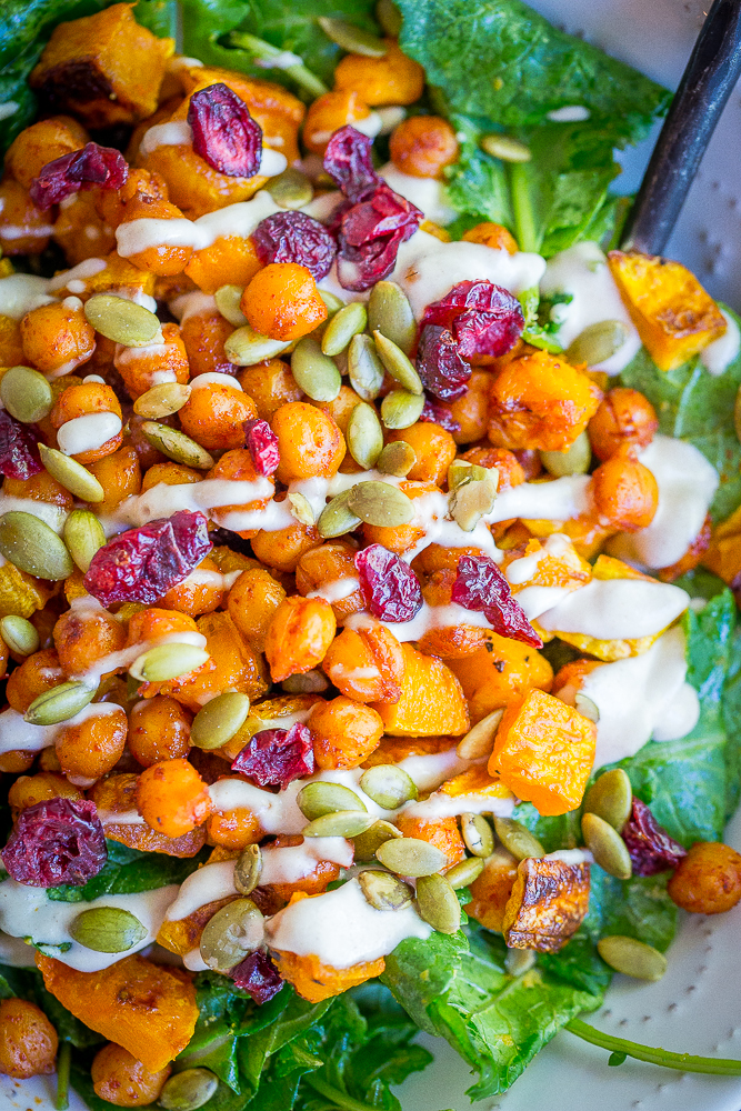 This hearty Roasted Butternut Squash & Sweet Chili Chickpea Salad is great for a lunch or dinner! It's packed with delicious flavors and perfect for fall! Gluten free/Vegan/Vegetarian/Salad