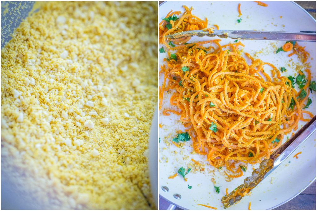 These Garlic Parmesan Sweet Potato Noodles are a fun and delicious side dish or can be eaten for dinner and lunch when you add a little protein! Easy to make, gluten free and vegan!