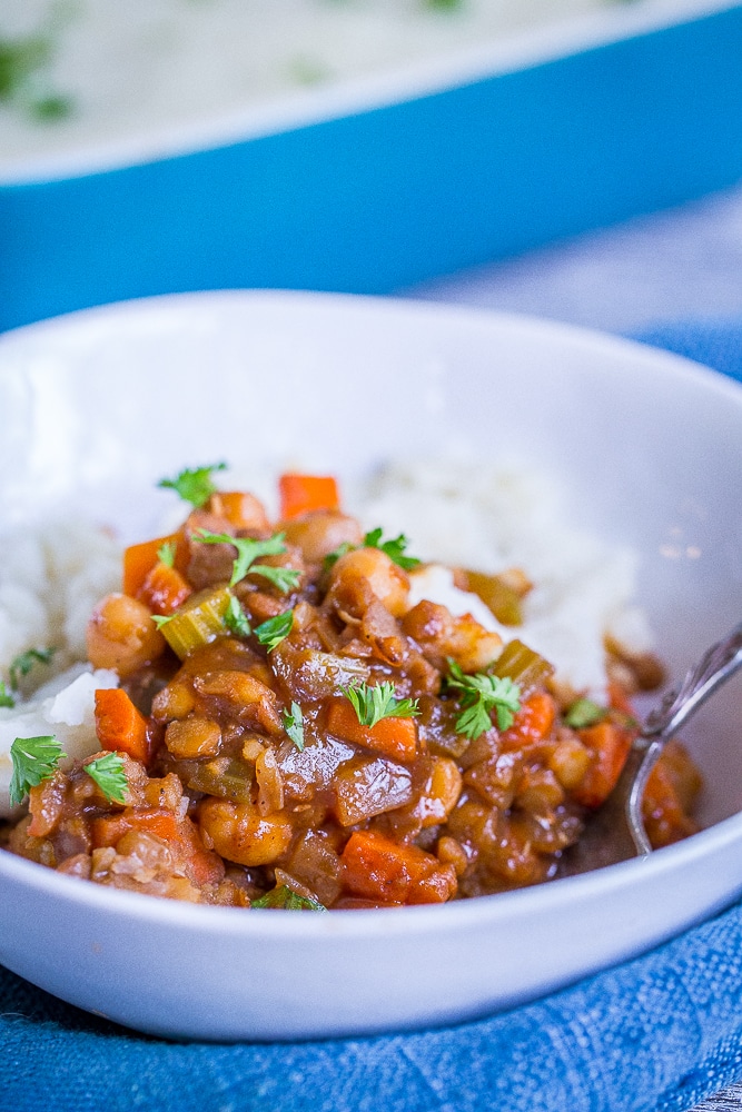 This BBQ Shepherds Pie with Chickpeas and Lentils is a delicious and filling main dish that's also vegan and gluten free! It's easy to make and great for a vegan holiday main dish!
