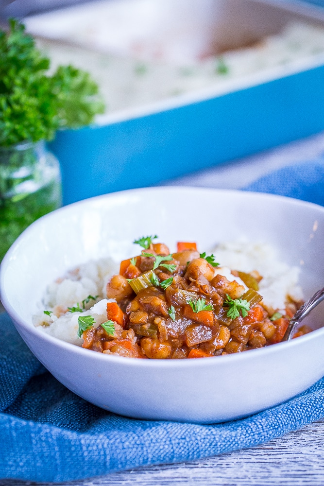 This BBQ Shepherds Pie with Chickpeas and Lentils is a delicious and filling main dish that's also vegan and gluten free! It's easy to make and great for a vegan holiday main dish!