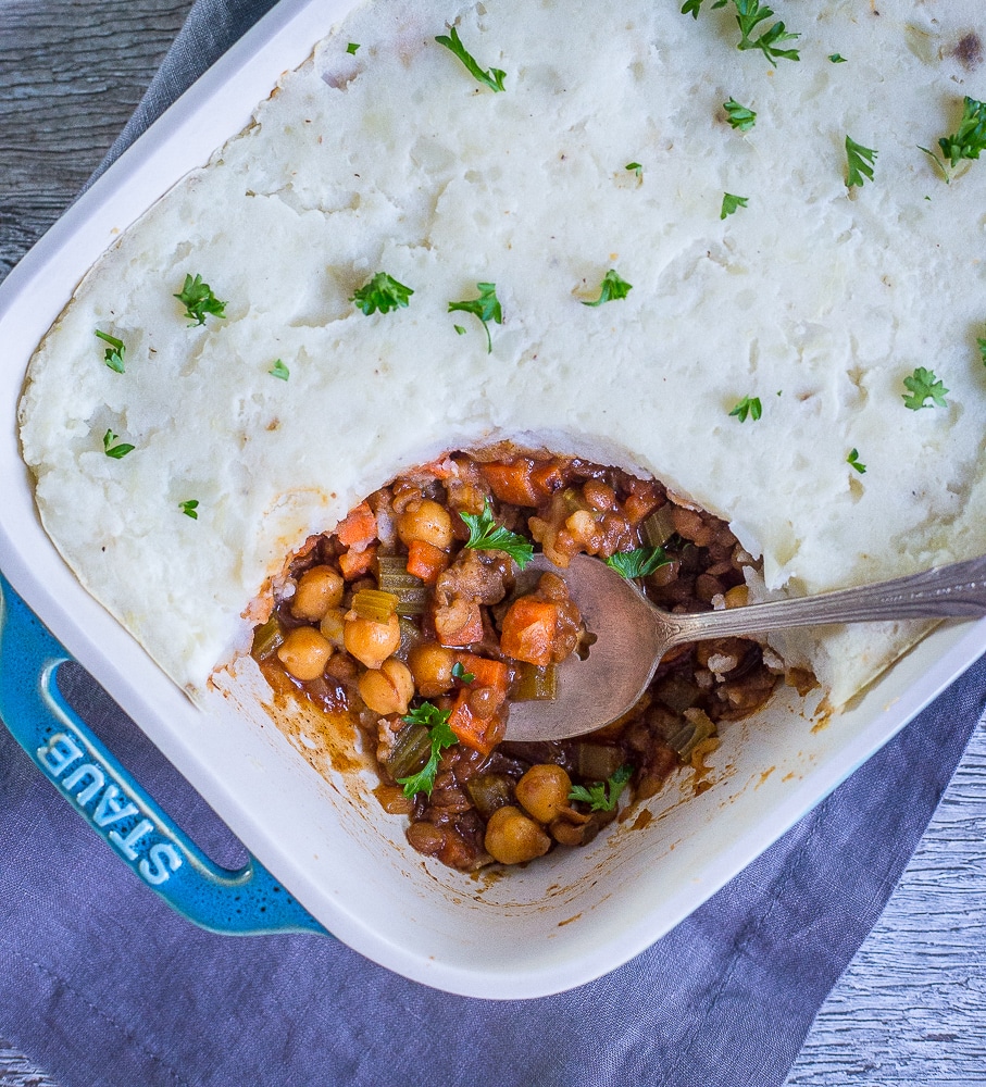 This BBQ Shepherds Pie with Chickpeas and Lentils is a delicious and filling main dish that's also vegan and gluten free! It's easy to make and great for a vegan holiday main dish!