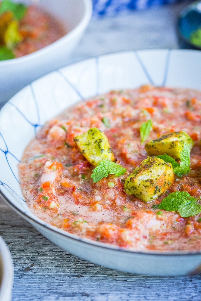 A big bowl of Chunky Cherry Tomato Gazpacho soup.