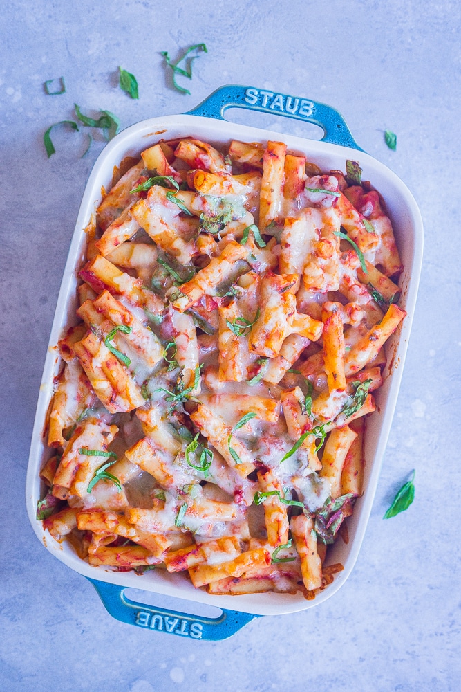 A pan of 5 Ingredient Baked Ziti with Spinach and Chickpeas