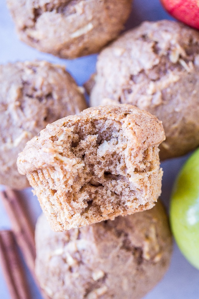 Closeup of Best Healthy Apple Cinnamon Muffins with a bite taken out